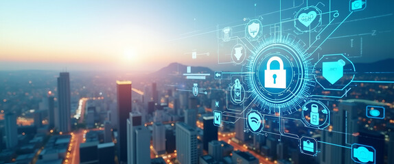 Photo realistic as Top view of a cityscape with overlay of security symbols symbolizing urban safety in double exposure with copy space. concept as A top view of a cityscape blended with security symb