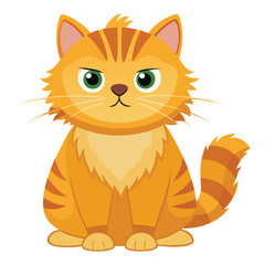 A fluffy golden tabby cat with a flat face and grumpy expression is sitting upright with white background.