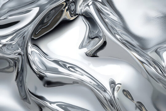 Abstract silver liquid metal texture background in high gloss chrome finish isolated on white - Powered by Adobe