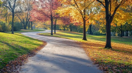 Autumnal park path winding through golden trees.