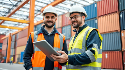 Logistics manager at container transhipment plant with an electronic tablet