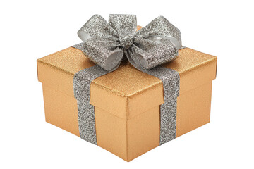 Elegant gold gift box with silver glitter ribbon and bow isolated on a transparent background