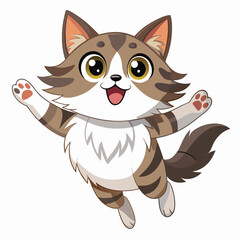 A fluffy, tabby and white cat with wide eyes and an open mouth is leaping upwards with outstretched paws with white background.