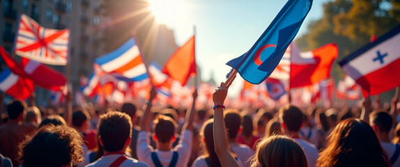 Capture dynamic Eurovision flag parade imagery illustrating energetic national displays colorful fan banners and lively public celebrations ideal for digital media outreach and event promotion in  Pho