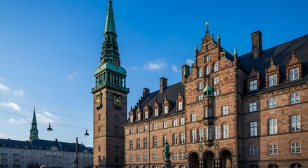 Fototapeta premium Cityscape with Architectural Buildings and a Tall Clock Tower
