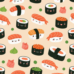This adorable seamless pattern features cartoon sushi rolls, nigiri, wasabi, and ginger on a beige background.