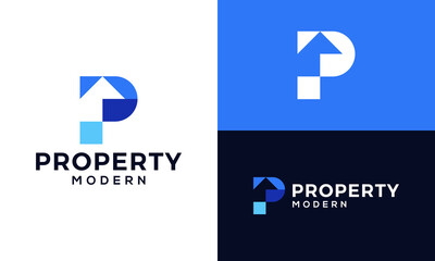 Property logo design. Abstract home building design with initial letter P shape symbol graphic icon