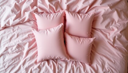 Fototapeta premium Soft pink decorative cushions on cozy bed home interior textile photography comforting atmosphere aesthetic view