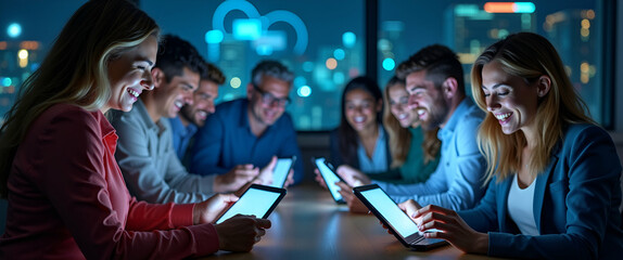 Joyful People Using Glowing Tablets in a Fantastical Background - Productive and Happy Working Environment Concept with Ample Space for Text and Graphics