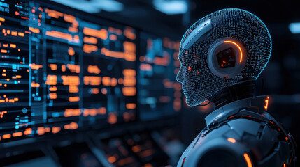 Futuristic robot with digital interface analyzes data on multiple screens, showcasing advanced technology and artificial intelligence in high tech environment