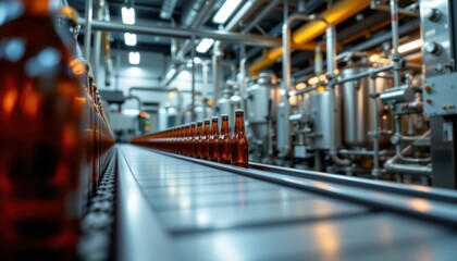 Fototapeta premium Bottling process in a beverage factory industrial setting manufacturing environment close-up view for efficiency insights