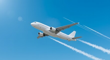 Airplane Flying in Blue Sky with Contrails - Travel Concept