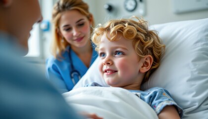 Child patient interaction with nurse hospital room healthcare image calm environment compassionate viewpoint healing concept