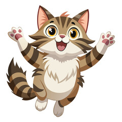A fluffy, tabby and white cat with wide eyes and an open mouth is leaping upwards with outstretched paws with white background.