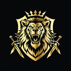 Obraz premium Luxury lion head logo template. Lion head with crossed swords and crown, heraldic vector illustration. Retro style heraldry logo.
