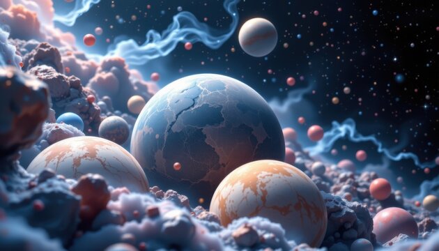 Cosmic exploration of colorful planets deep space digital art nebula environment aerial view astronomical concepts