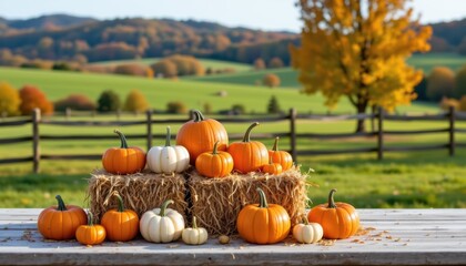 Harvest celebration featuring pumpkins on hay bales in scenic countryside autumnal landscape photography