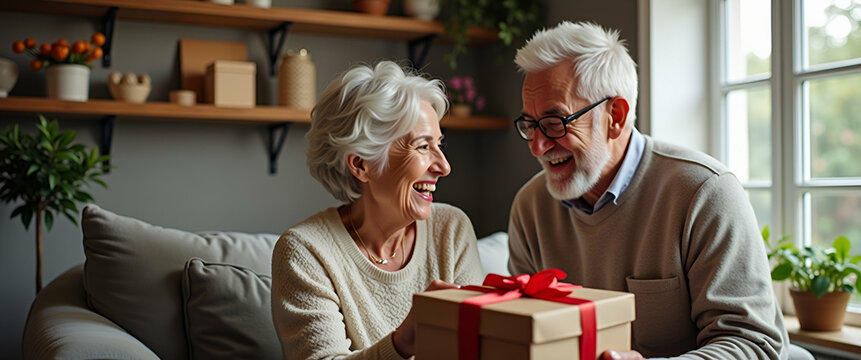 Elderly couple receiving surprise gift box in cozy living room setting celebrating special occasions concept as Senior couple unwrapping surprise gift box in living room expressing joy and appreciatio