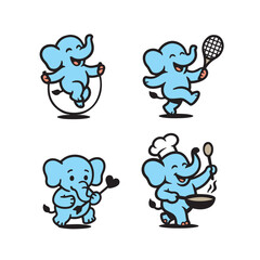Cute Cartoon Elephant Activities Set, Cooking, Sports, Love Arrow