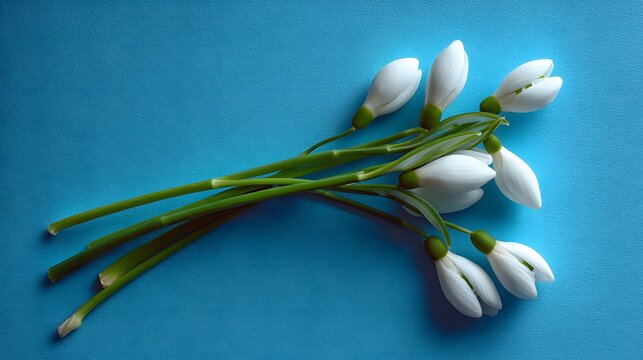 Delicate snowdrop flower arrangement displayed on bright blue surface in minimalist flat lay style with natural diffused lighting, evoking spring freshness, seasonal purity, and botanical elegance