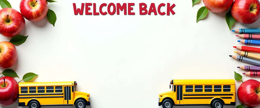 Vibrant School Bus Border with Apples and Crayons - Welcome Back Design for Back to School Projects