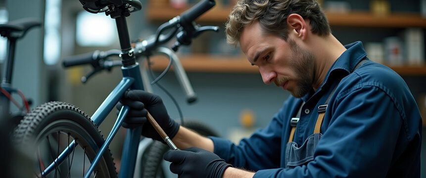 Title: "Expert Male Mechanic in Bicycle Repair Shop: Precision Maintenance with Specialized Tools | Close-Up Craftsmanship in Action"

Concept: Capture a close-up moment of a dedicated male mechanic w
