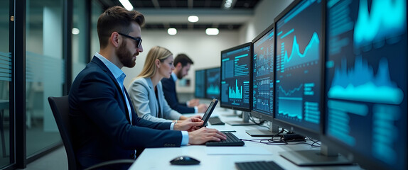 Depict a refined workspace showcasing exemplary data analytics best practices where experts utilize systematic methodologies and cutting edge digital strategies in a contemporary environment in  Photo