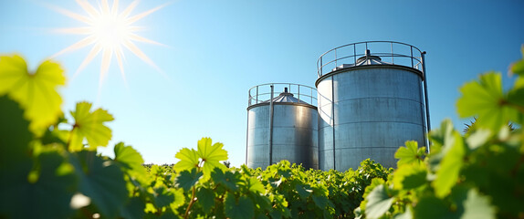 Metallic fermentation tanks rise amid vibrant green grape leaves under bright blue sky symbolizing winemaking and natures harmony concept as Metallic fermentation tanks rise amid vibrant green grape l