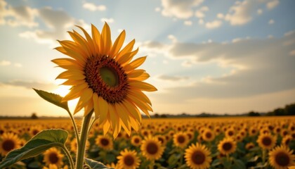Obraz premium Sunflower blooming in a vibrant field nature landscape golden hour serene environment close-up view