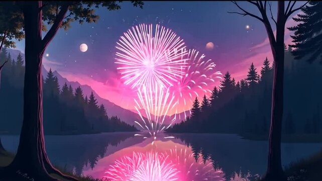 Fireworks Display Over Mountain Lake at Night &ndash; 4K UHD with Perfect Reflections
