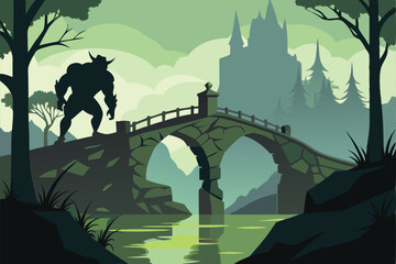 Eerie Silhouette of a Menacing Troll Guardian by a Stone Bridge in the Darkness