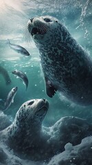 Obraz premium Seals feeding underwater