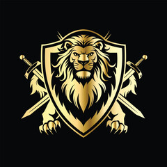 Obraz premium Lion head coat of arms with golden shield, crossed arrows and crown. Heraldic vector design element. Retro style label, heraldry logo. Luxury lion head logo template.