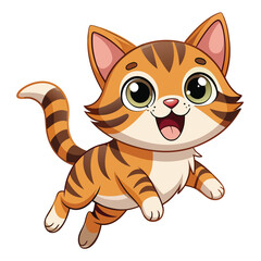 A happy tabby kitten with wide eyes and an open mouth is leaping forward 
 with white background.
