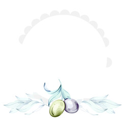 Olives and olive oil watercolor illustration highlighting the essence of Italian cuisine and nature frame, border, arrangement