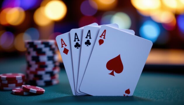 High-stakes poker game casino playing cards neon lights close-up excitement and strategy