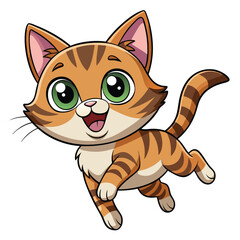A happy tabby kitten with wide eyes and an open mouth is leaping forward 
 with white background.