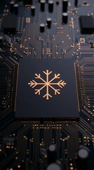 Fototapeta premium A close-up of a dark circuit board featuring a gold snowflake icon centered on a black chip