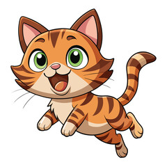 A happy tabby kitten with wide eyes and an open mouth is leaping forward 
 with white background.