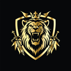 
Lion head coat of arms with golden shield, crossed arrows and crown. Heraldic vector design element. Retro style label, heraldry logo. Luxury lion head logo template.