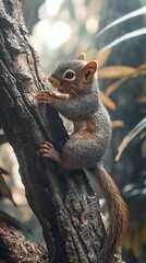 Small squirrel climbing tree trunk