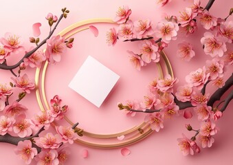 Obraz premium Pink blossom branches frame a blank square card on a pink background with gold rings