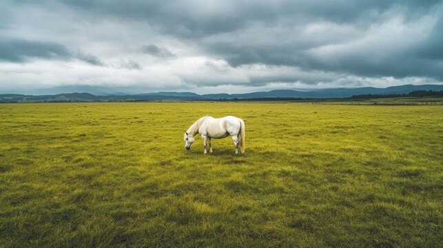 White horse grazing in a green field under a cloudy sky