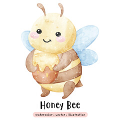 Cute Kawaii Bee and honey in watercolor vector illustration