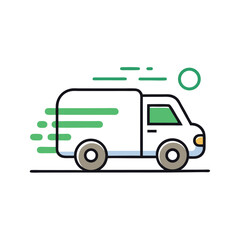a simple line icon of a fast-moving delivery truck with white background.