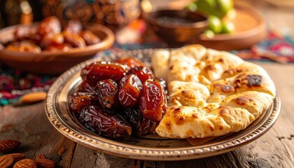 Dates And Flatbread On Rustic Wooden Table