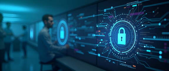 Refined Imagery Showcasing Integrated Cybersecurity Practices and AI Ethical Standards in Innovative Tech R&D Labs - Photo Stock Concept with Left Space