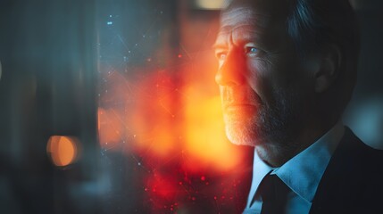 Naklejka premium Confident professional businessman in modern office environment, upper body portrait with blurred digital network overlay, showcasing technology-driven workplace and contemporary corporate style