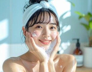 クリーミーな泡で洗顔をしている日本人女性