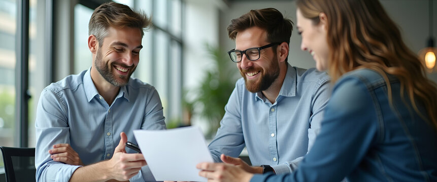 Diverse Male Employees Collaborating in Office: Business Manager and Financial Advisor Consulting Client During Productive Work Meeting - Professional Stock Photo with Space for Text
